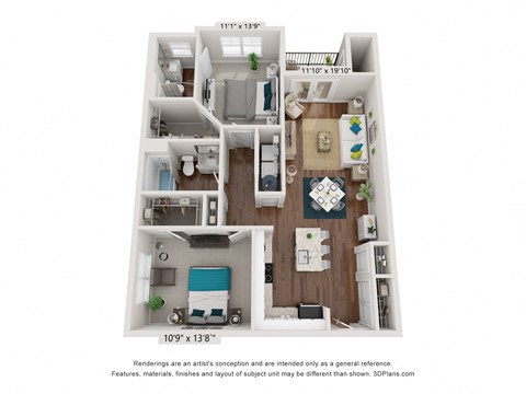 Floor plan for 2 beds, 2 baths, 1081 sqft
